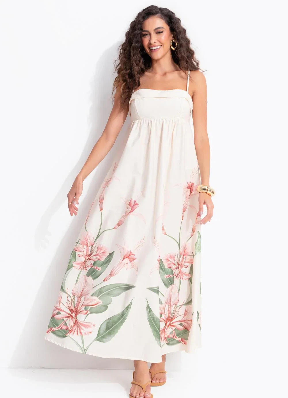 Farm - Vestido Longo Alças Brinco de Princesa Bege