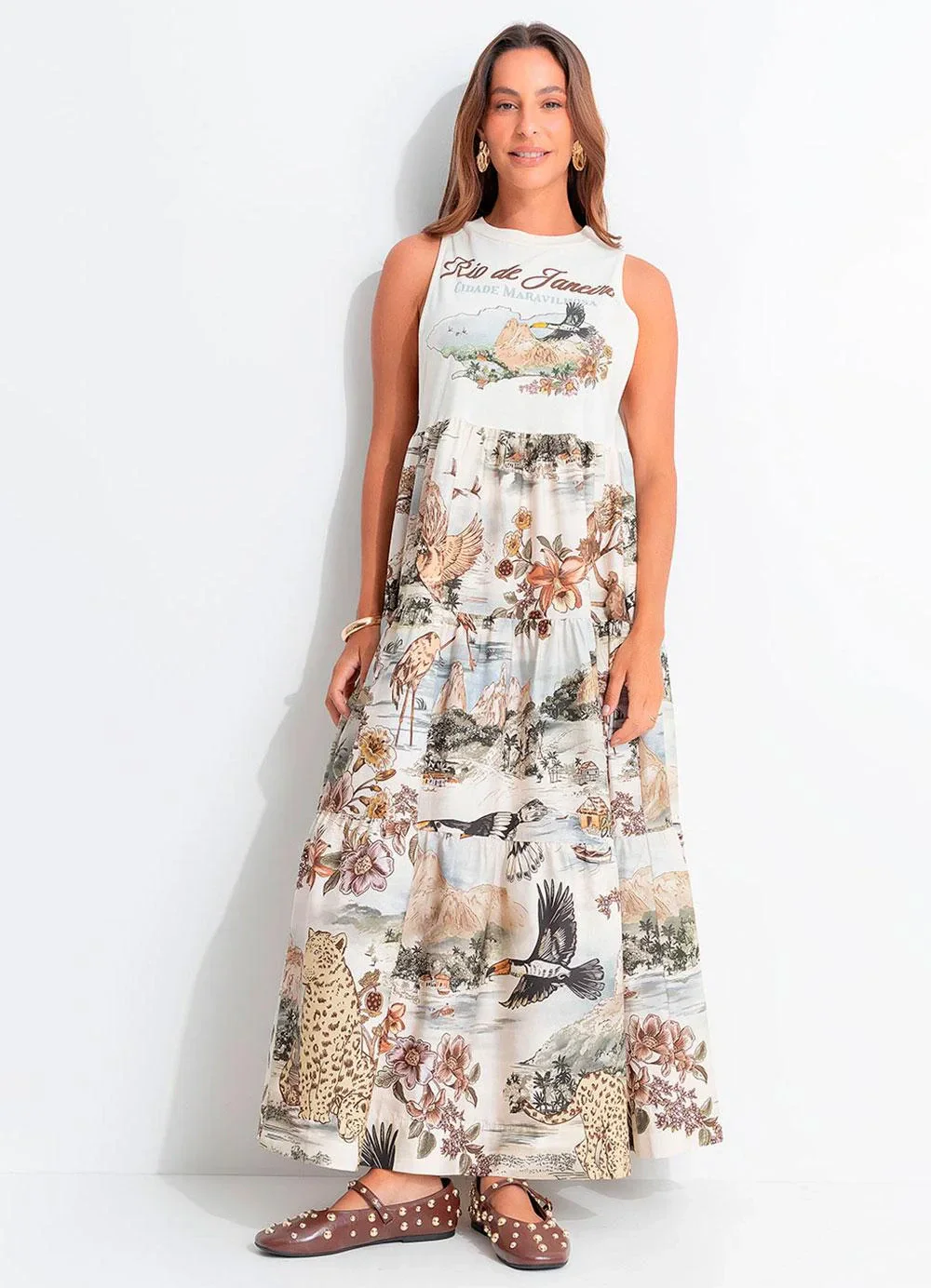 Farm - Vestido Longo Mapa Rio Bege