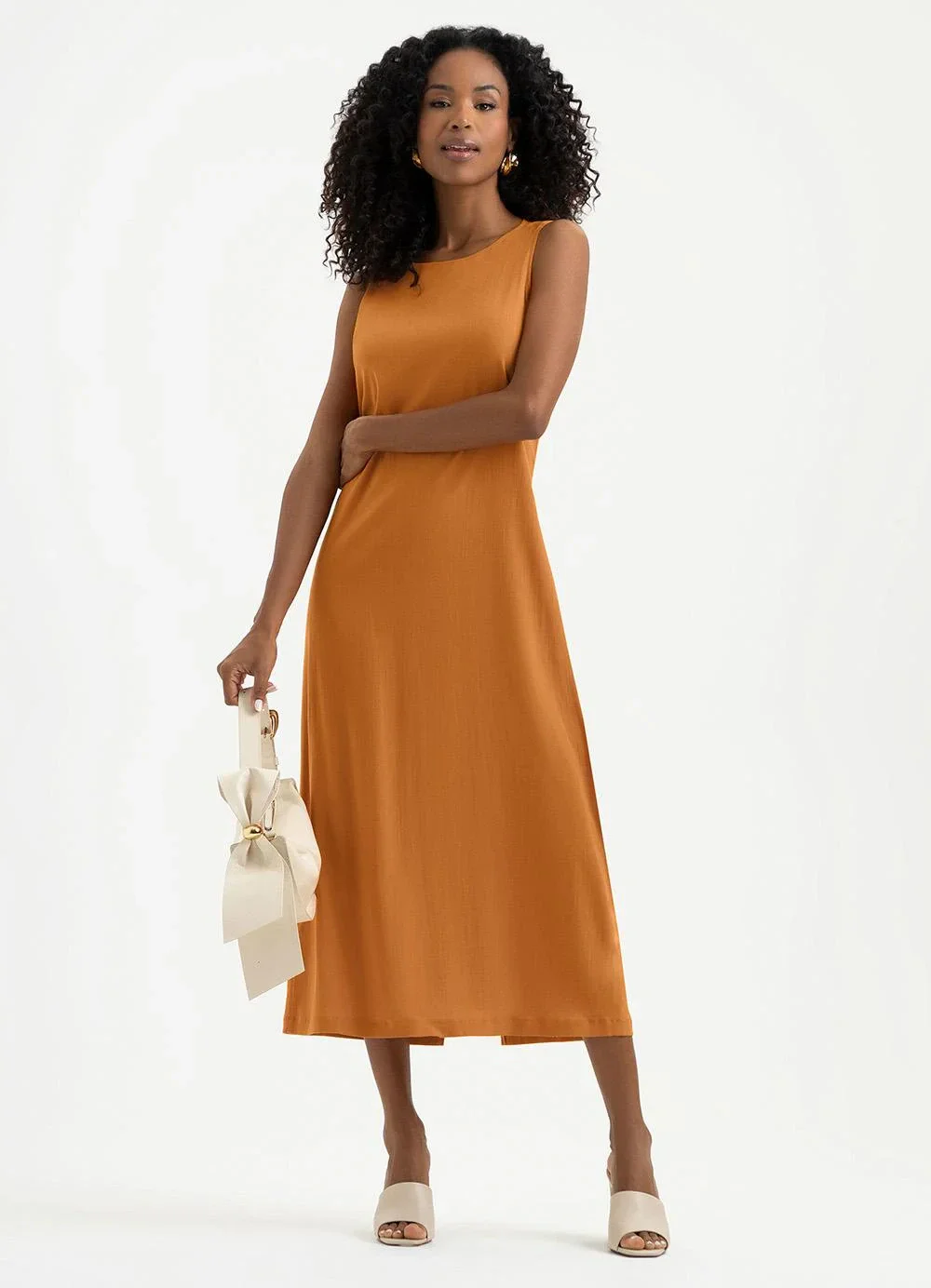 Cativa - Vestido Midi em Viscose Laranja Escuro