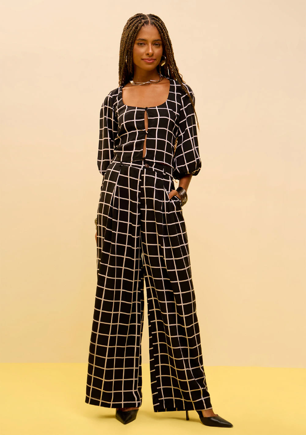 Calça Zinco Reta Alta Preto/Branco