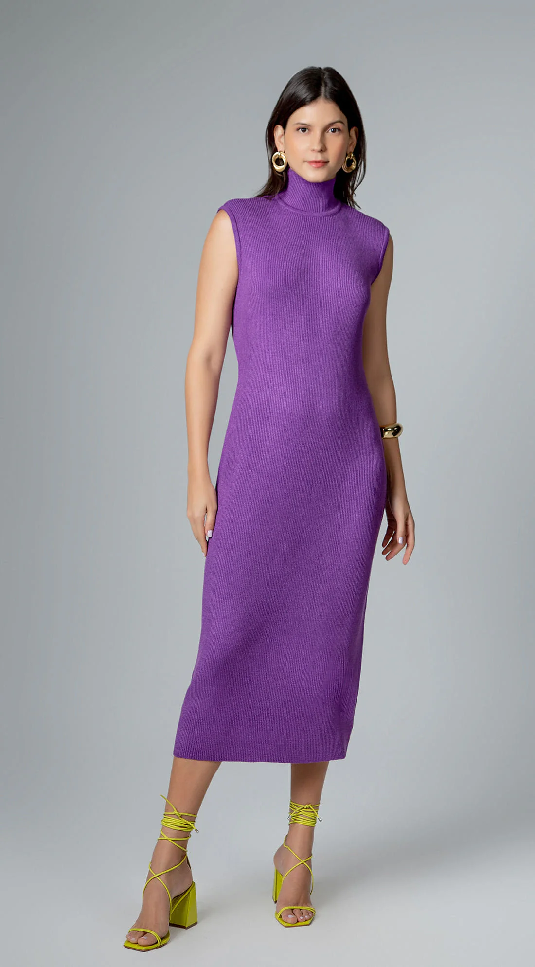 Vestido Maria.Valentina Midi Gola Alta Canelado Roxo