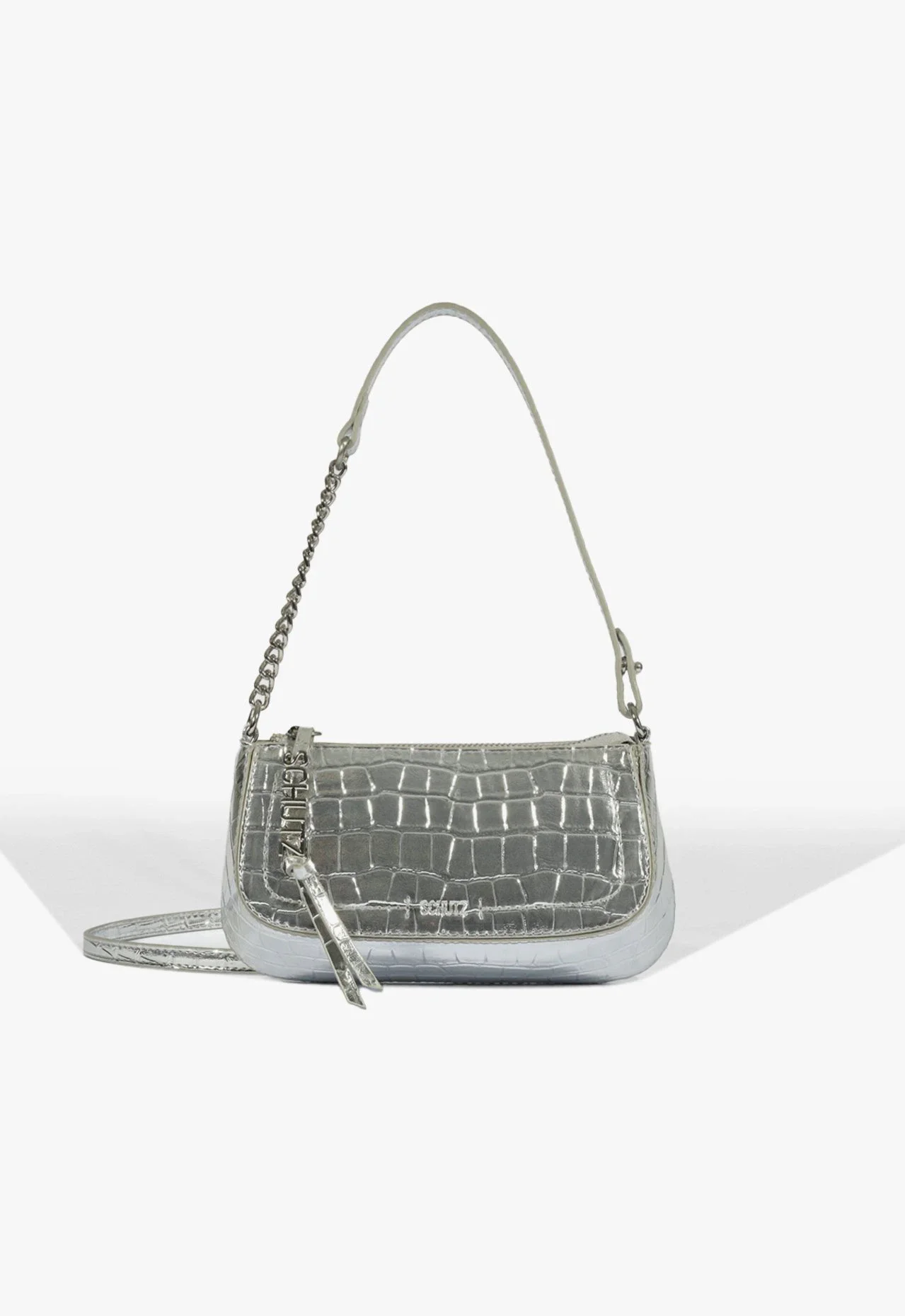 Bolsa Tiracolo Pequena Tina Croco Prata