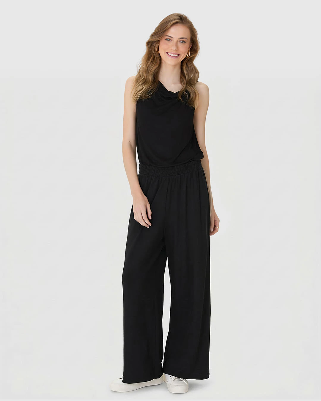 Calça Wide Leg Feminina Cós Elástico Em Moletinho De Viscose