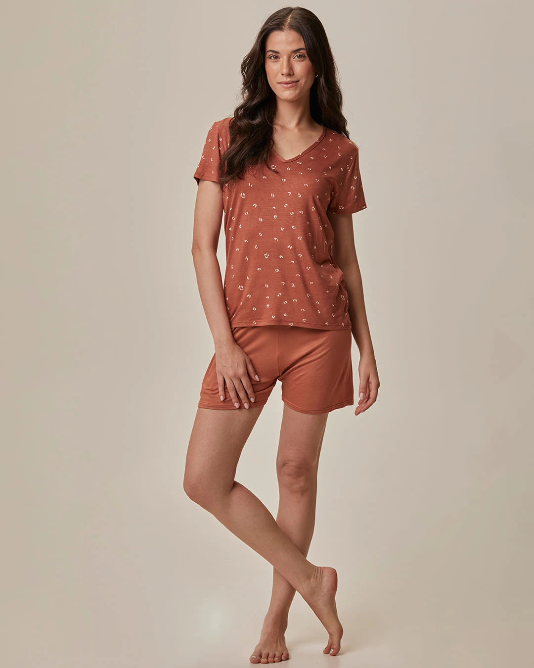 Pijama Curto Feminino Blusa Estampada E Shorts Meia Coxa Em Viscose Stretch