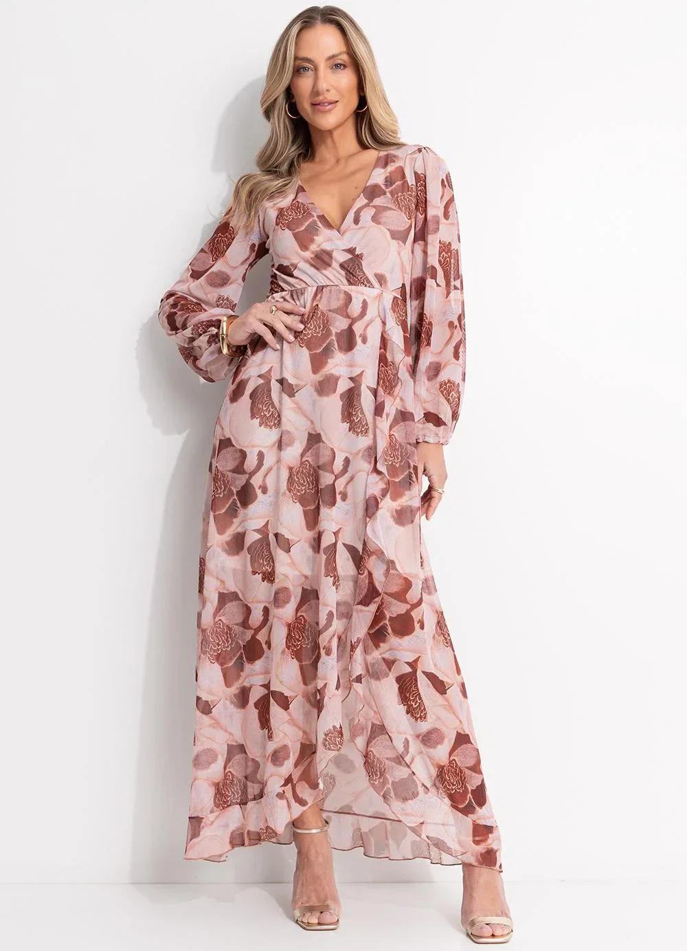 Quintess - Vestido Floral Bege em Tule