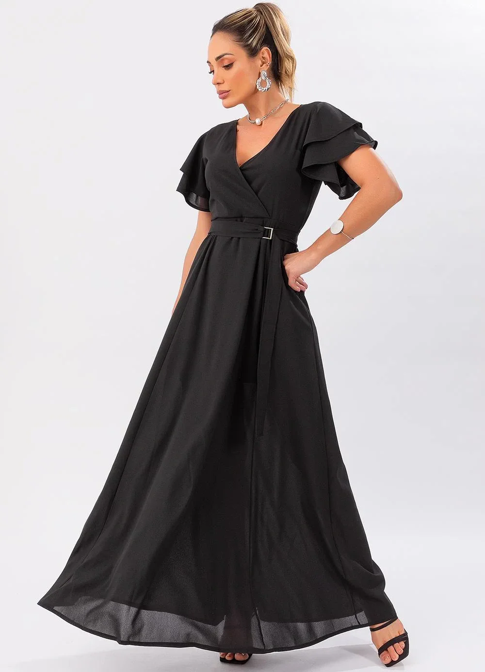 Quintess - Vestido Longo Preto com Cinto