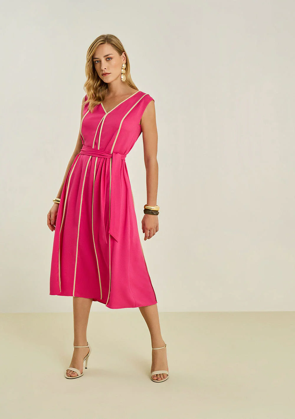 Vestido Maria.Valentina Ajustado Decote V Sem Manga Midi Rosa