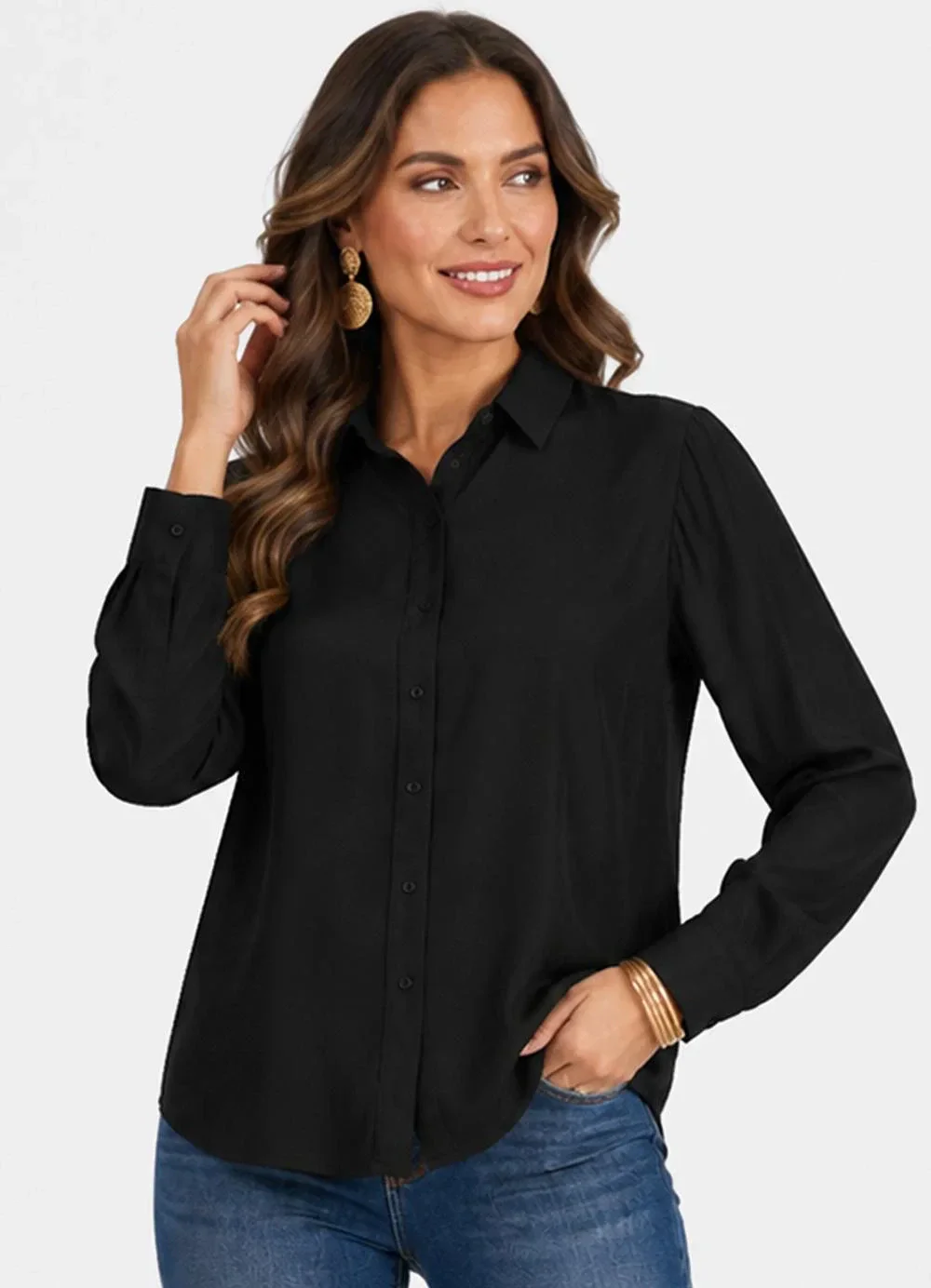 Rovitex - Camisa Feminina Manga Longa Viscose Slub Preto