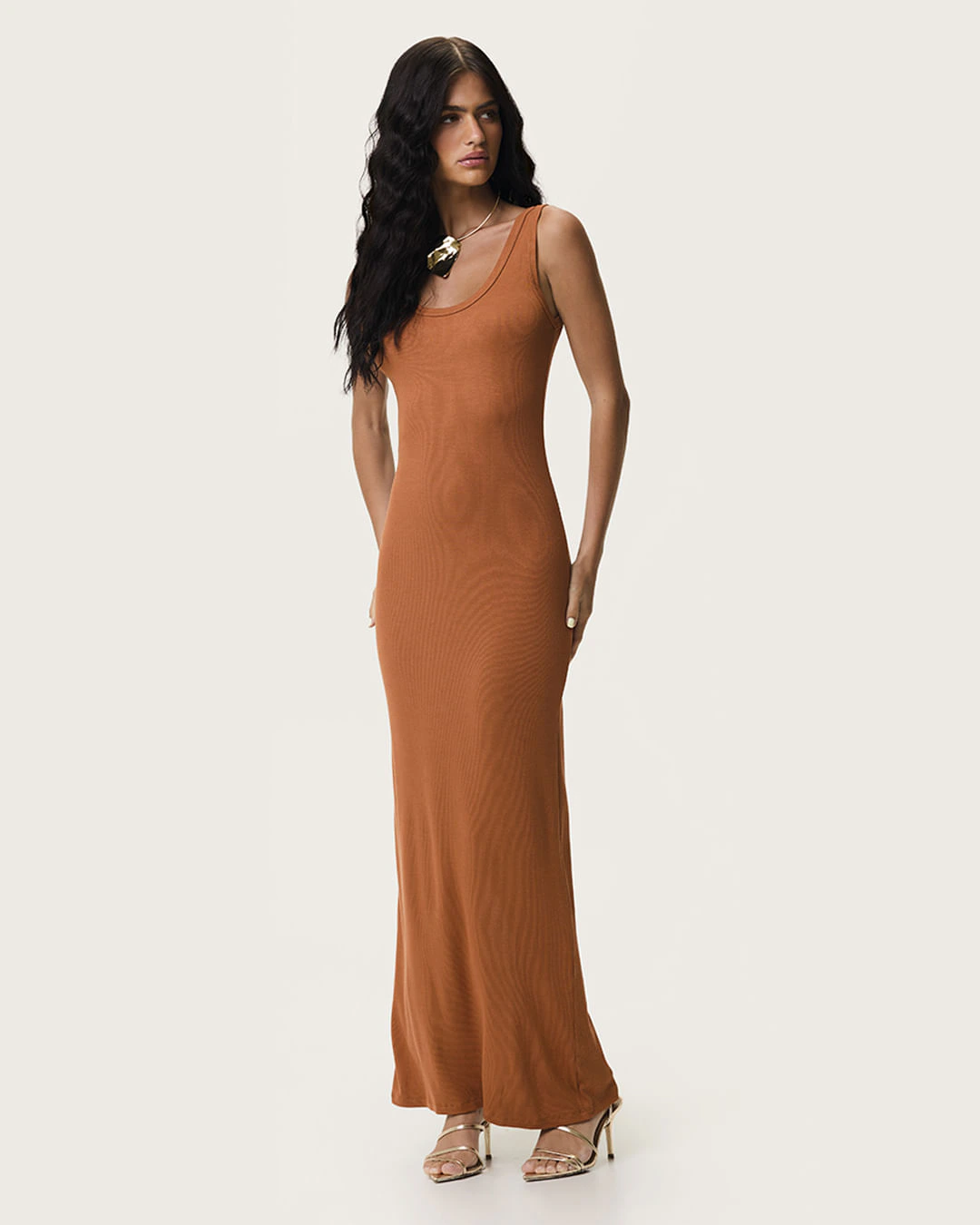 Vestido Longo Feminino Fenda Costas Malha Viscose Canelada - ENFIM