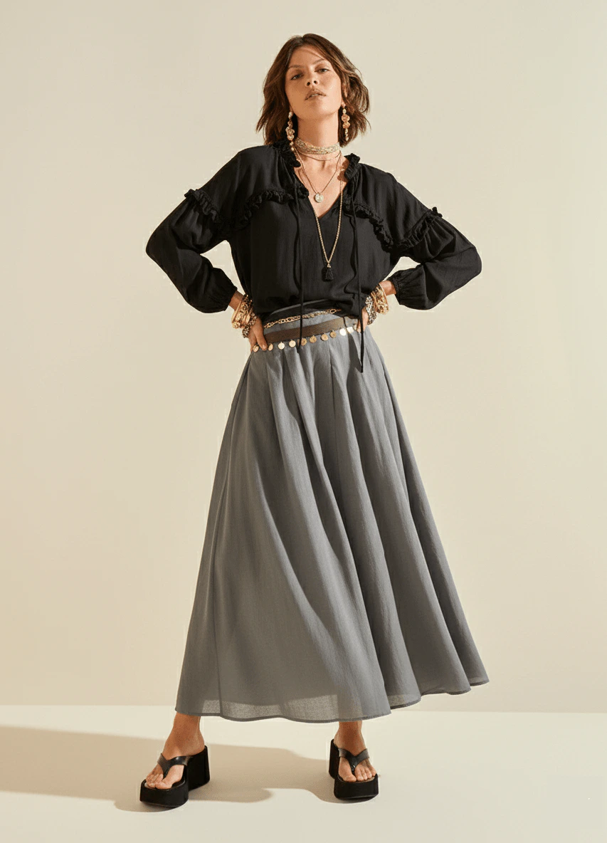 Blusa Morena Rosa Solta Decote V Manga Longa Padrão Preto
