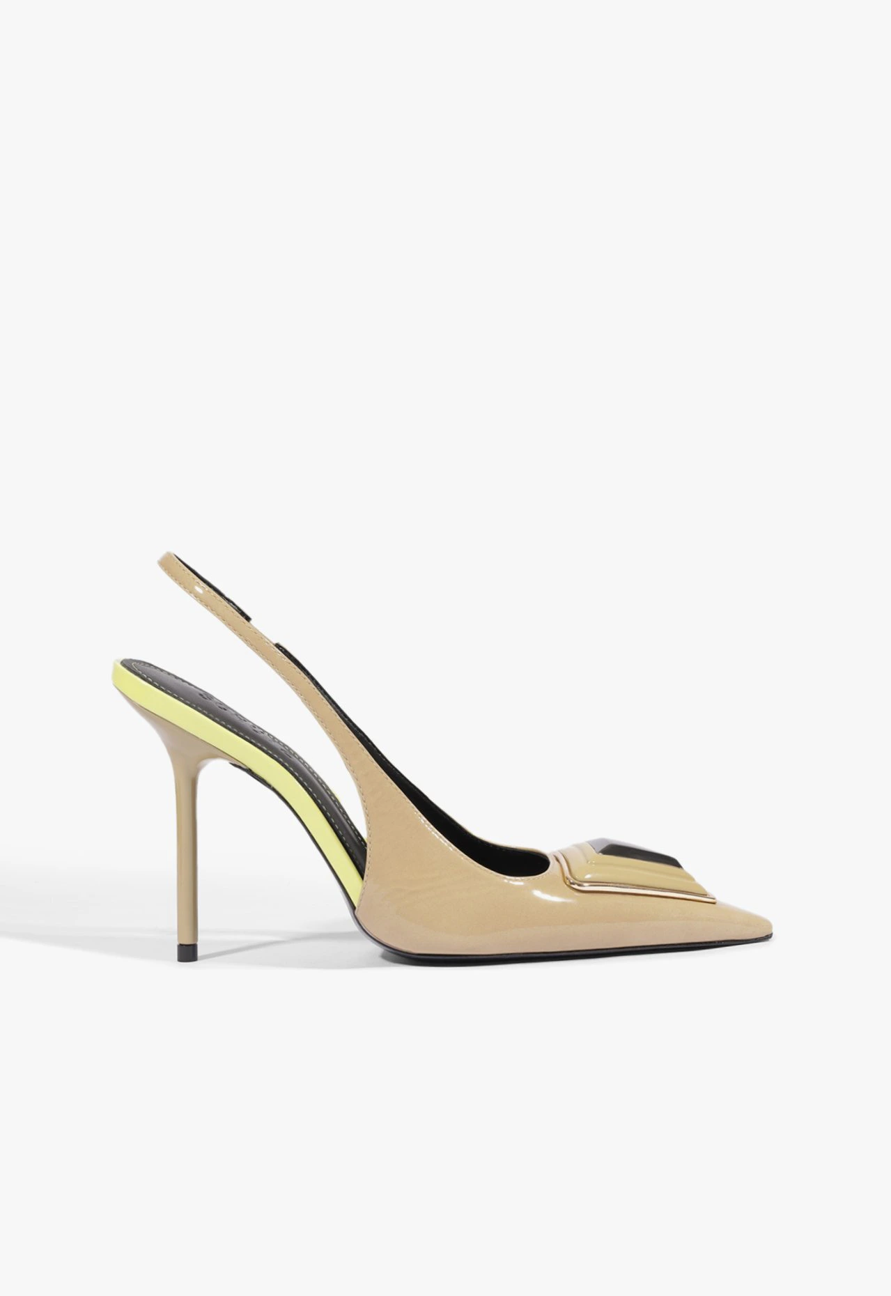Scarpin Verde Oliva Couro-Verniz Slingback Salto Elástico Metais