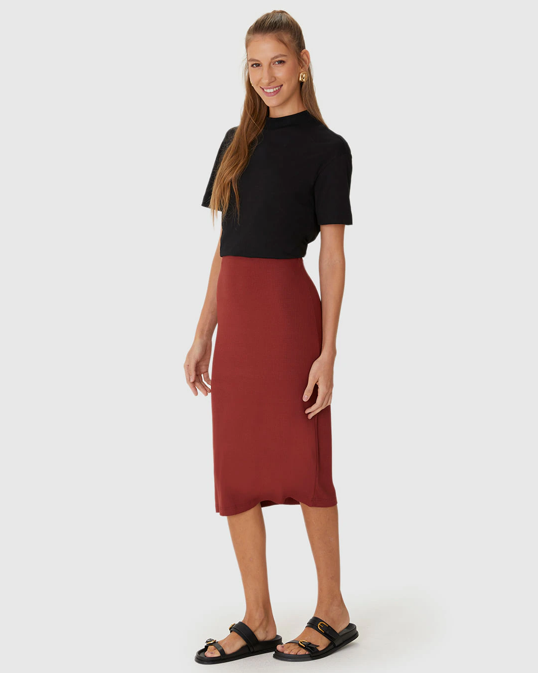 Saia Midi Feminina Em Malha Viscose Canelada