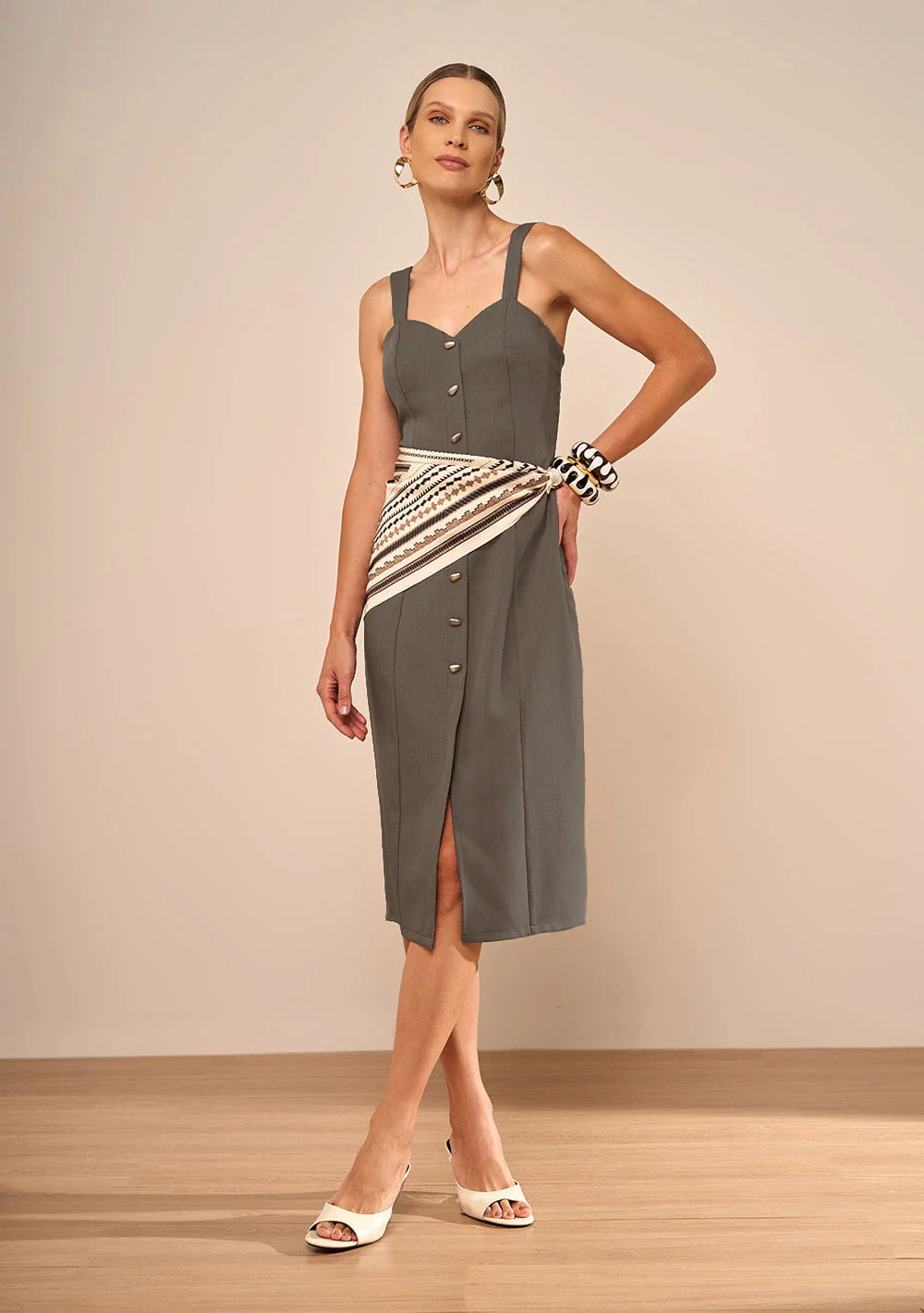 Vestido Midi Alfaiataria Sálvia Cinza