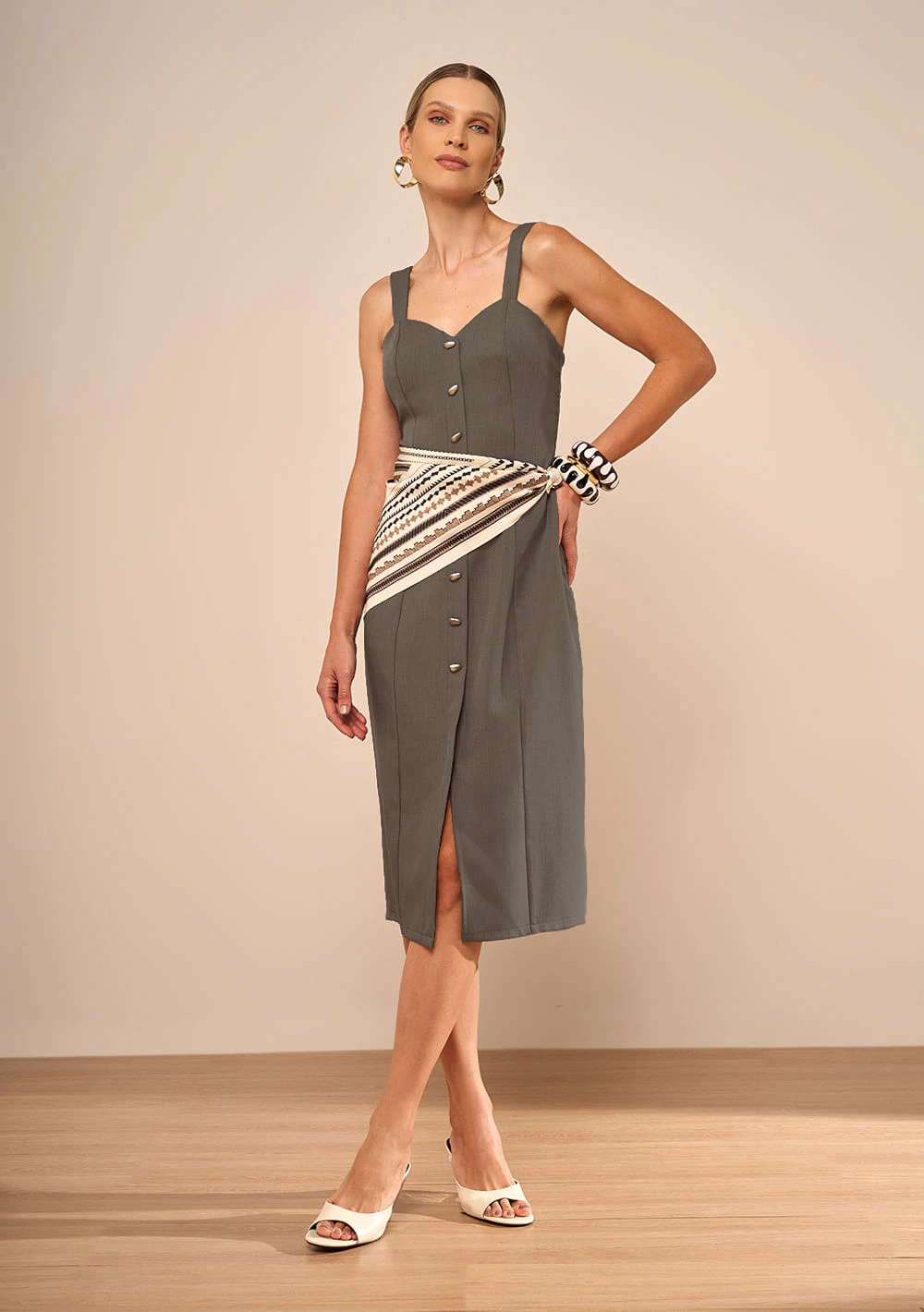 Vestido Midi Alfaiataria Sálvia Cinza