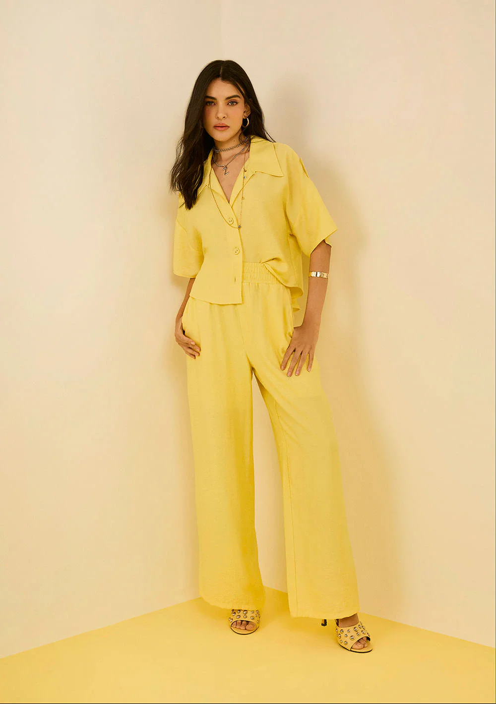 Calça Zinco Pantalona Alta Amarelo