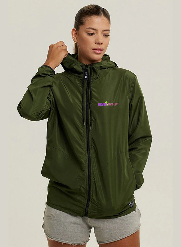 Jaqueta Corta Vento Impermeável Feminino Verde Militar WSS Never Give Up