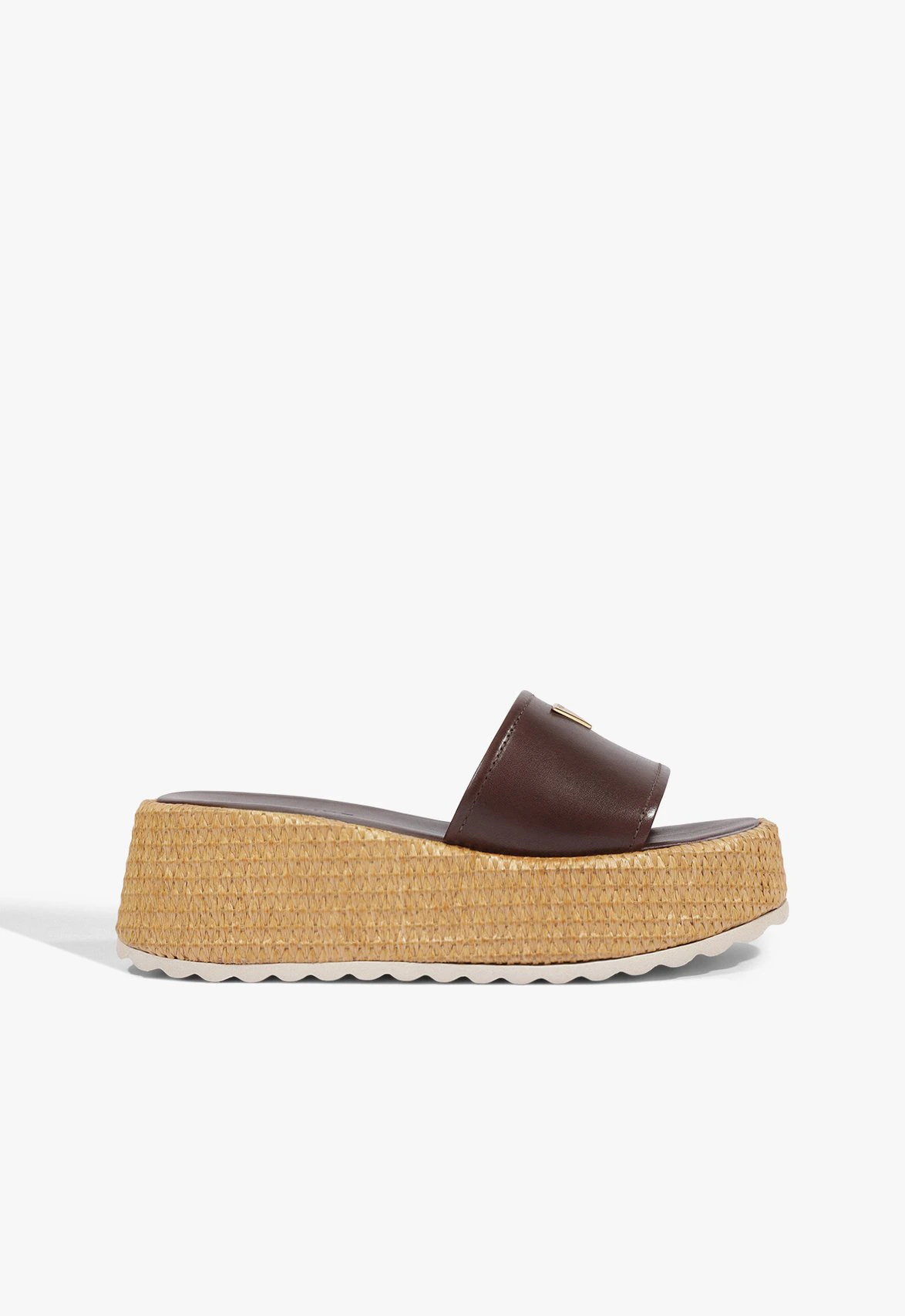 Sandália Flatform Palha Metais Couro Marrom