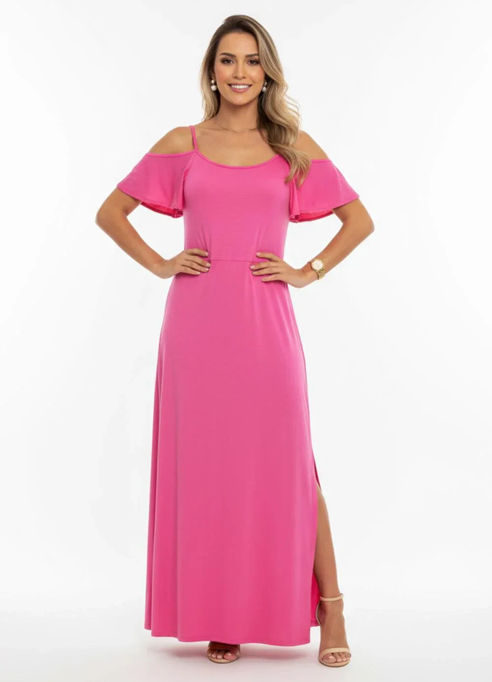 Quintess - Vestido Rosa com Fenda e Ombros Vazados
