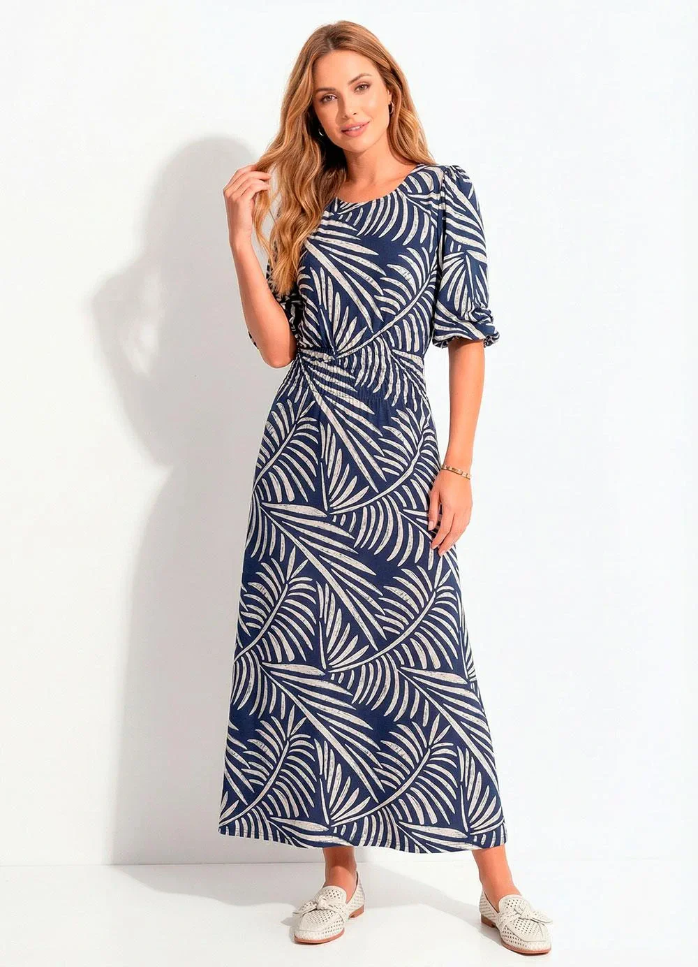 Quintess - Vestido Folhagem Azul em Malha de Viscose