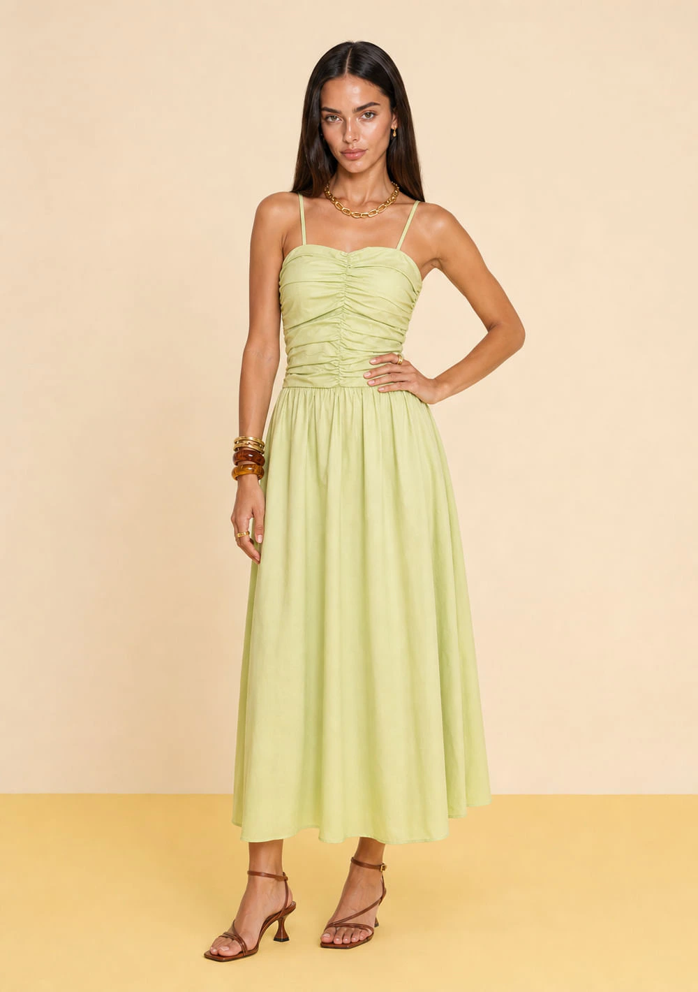 Vestido Zinco Solto Decote Reto Sem Manga Midi Verde