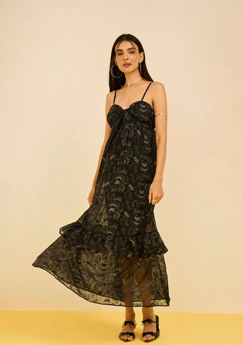 Vestido Zinco Solto Decote Reto Com Alça Midi Preto
