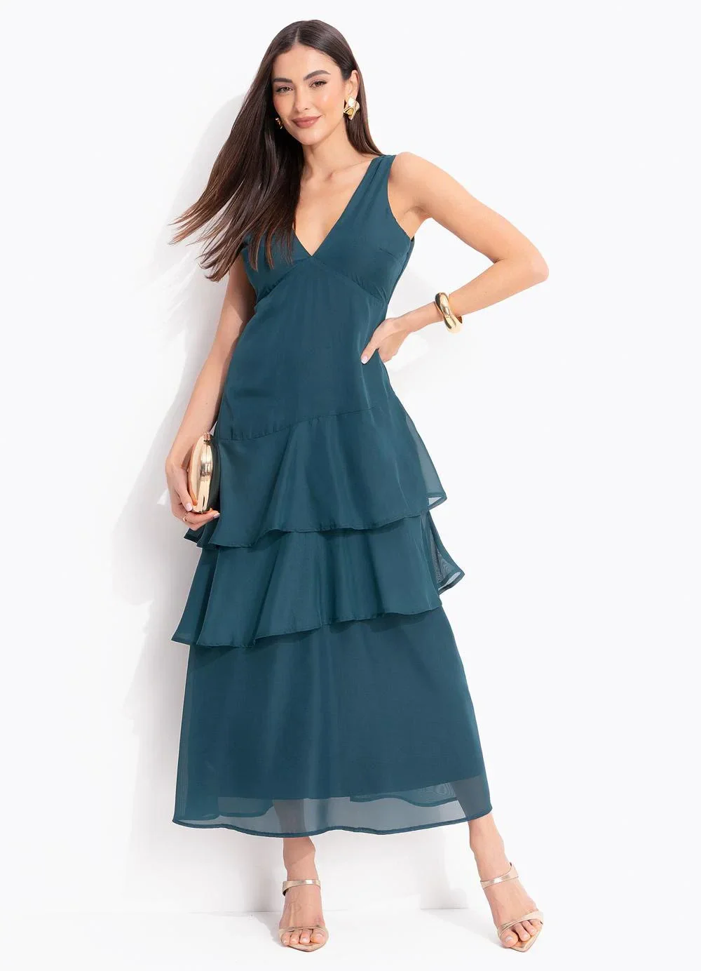 Quintess - Vestido Longo Verde Petróleo em Chiffon com Babados em Camadas e Decote V