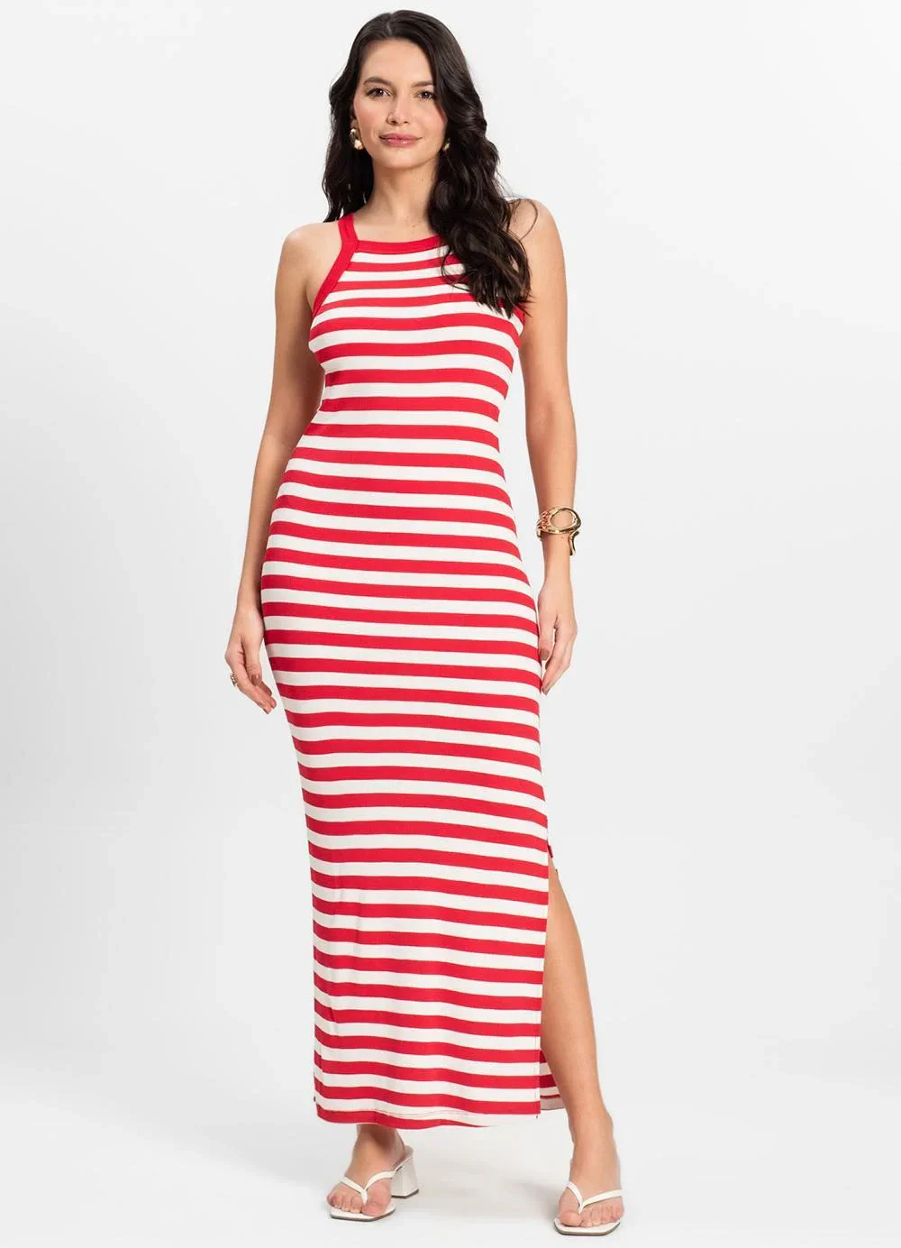 Rovitex - Vestido Midi Listrado em Ribana Vermelho