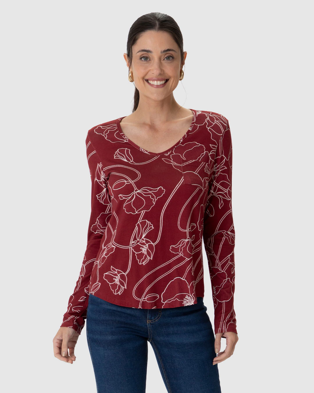 Blusa Feminina Decote V Bolso Funcional Estampada Em Viscose Stretch