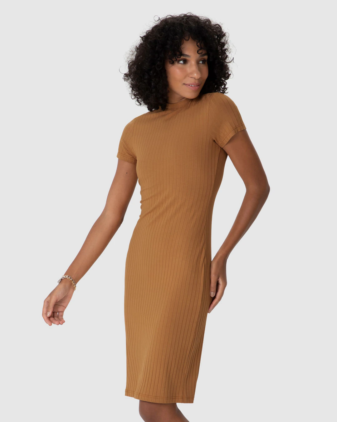 Vestido Básico Feminino Gola Alta Em Malha Canelada De Viscose