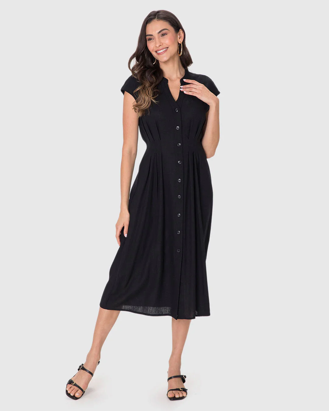 Vestido Midi Feminino Chemise Abotoamento Frontal Em Viscolinho