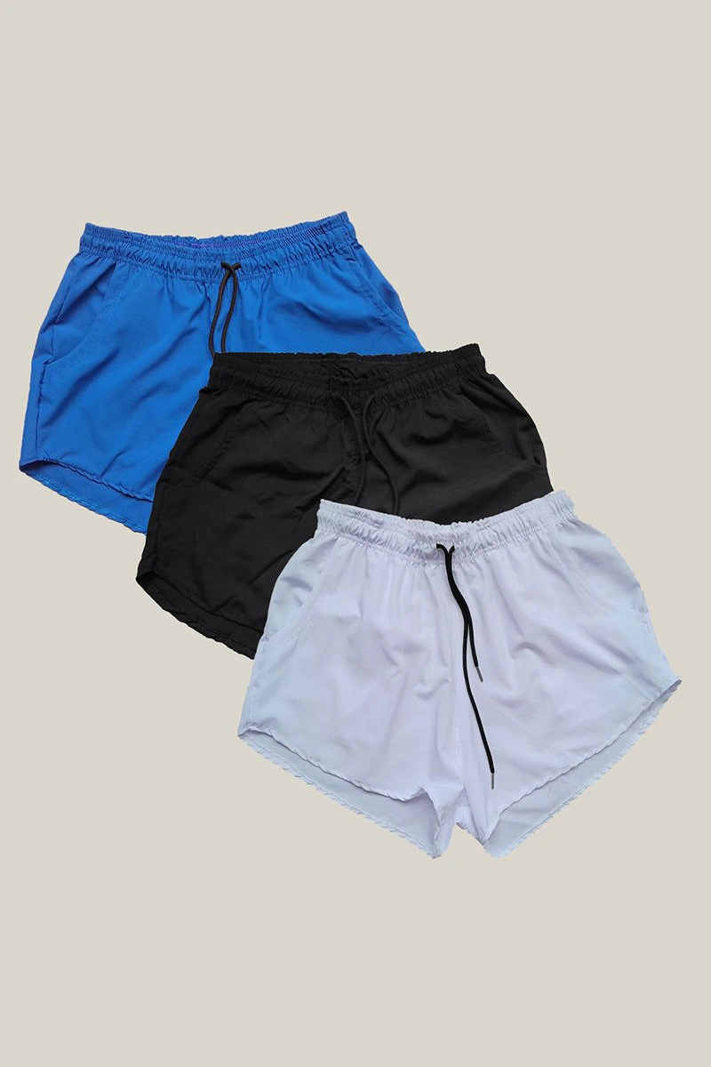 Kit 3 Shorts Praia Feminino Azul Royal, Preto e Branco WSS Brasil