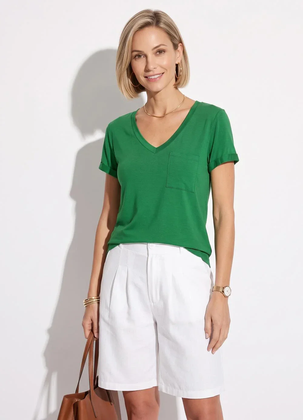 Quintess - Blusa Verde Bandeira com Decote V e Bolso