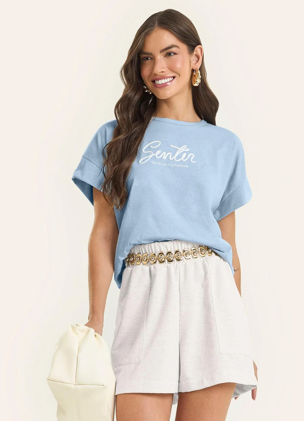Rovitex - Blusa Feminina Manga Curta Bordado Cordel Azul