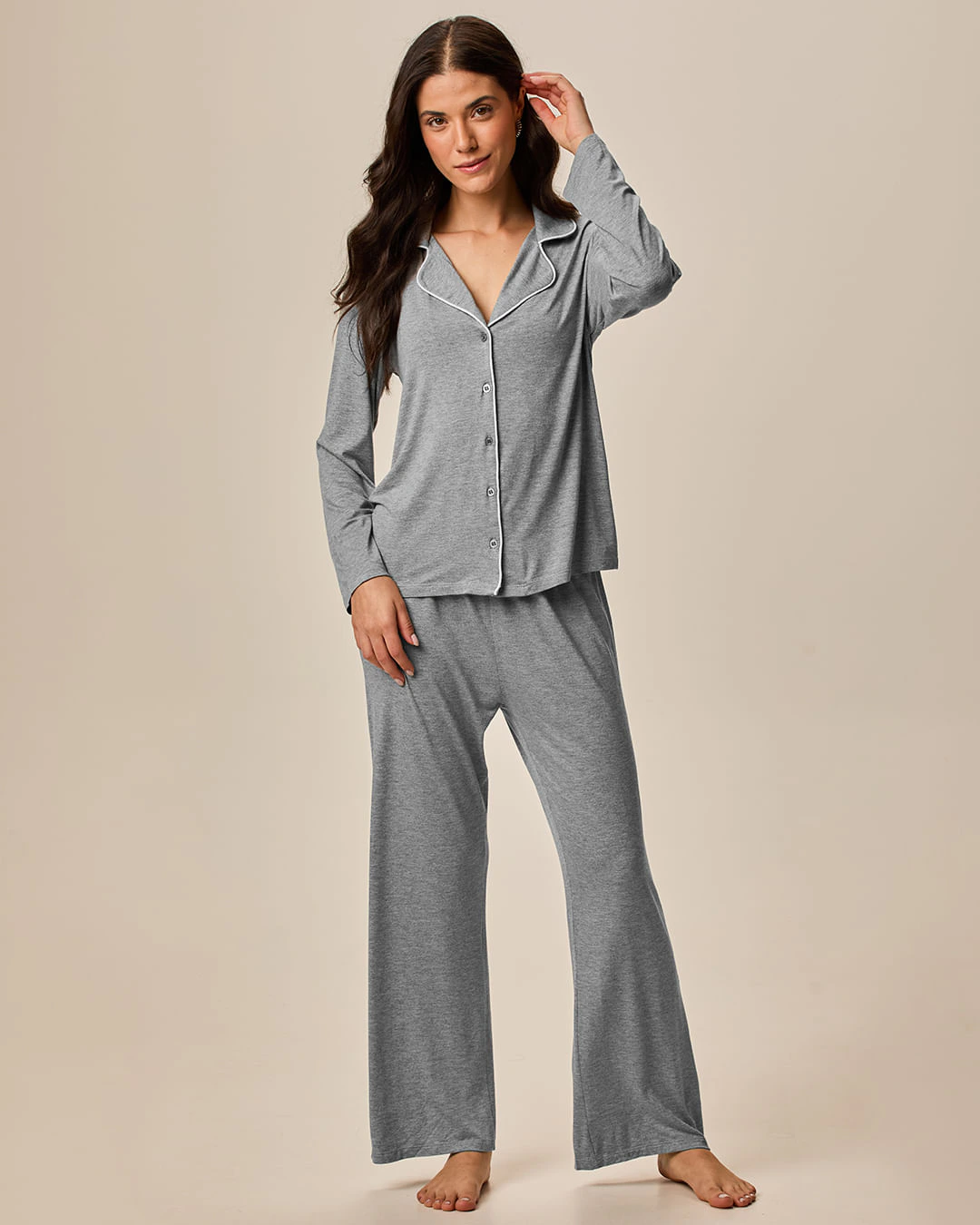 Pijama Longo Feminino Americano Blusa E Calça Em Viscose Stretch