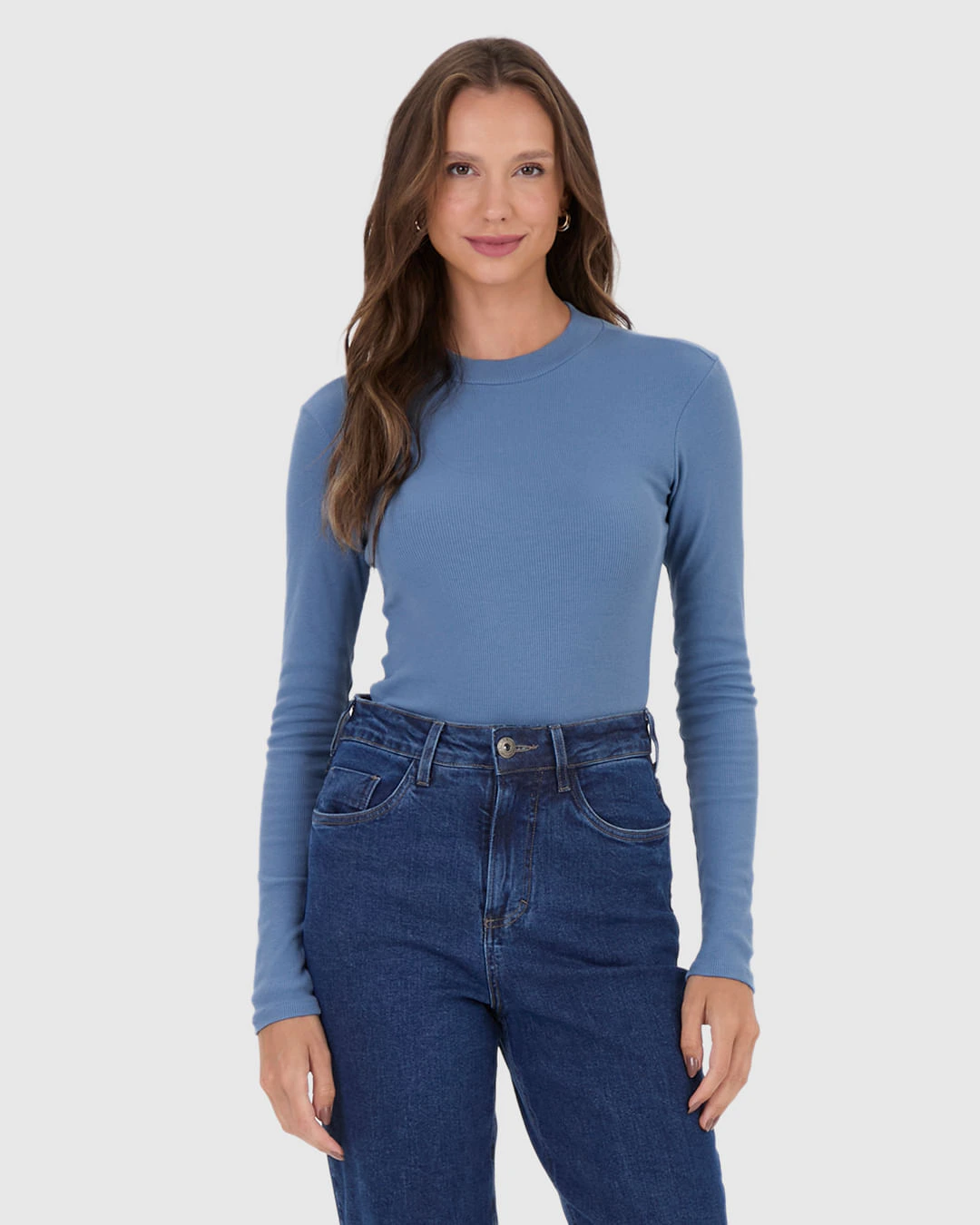 Blusa Básica Feminina Gola Alta Manga Longa Em Ribana