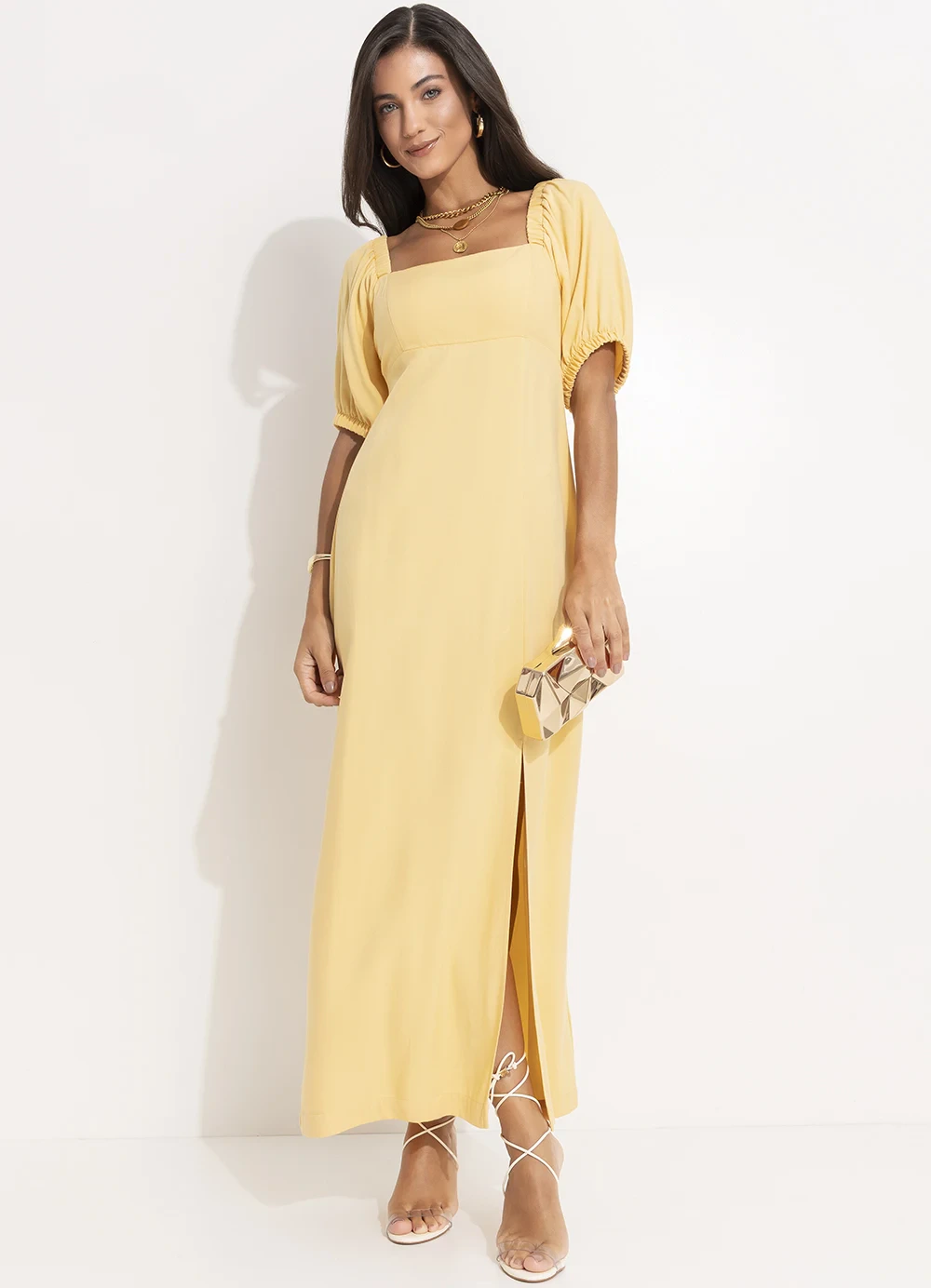 Quintess - Vestido Amarelo Manteiga em Viscose Plana Sarjada