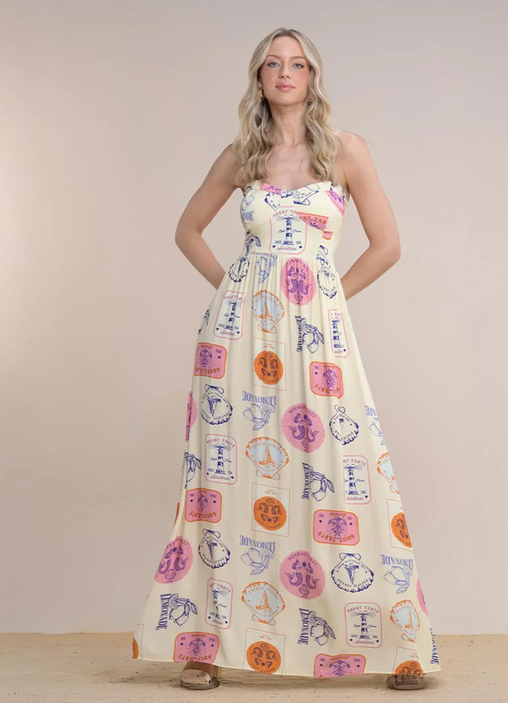 Angel - Vestido Longo Viscose Estampada Bege