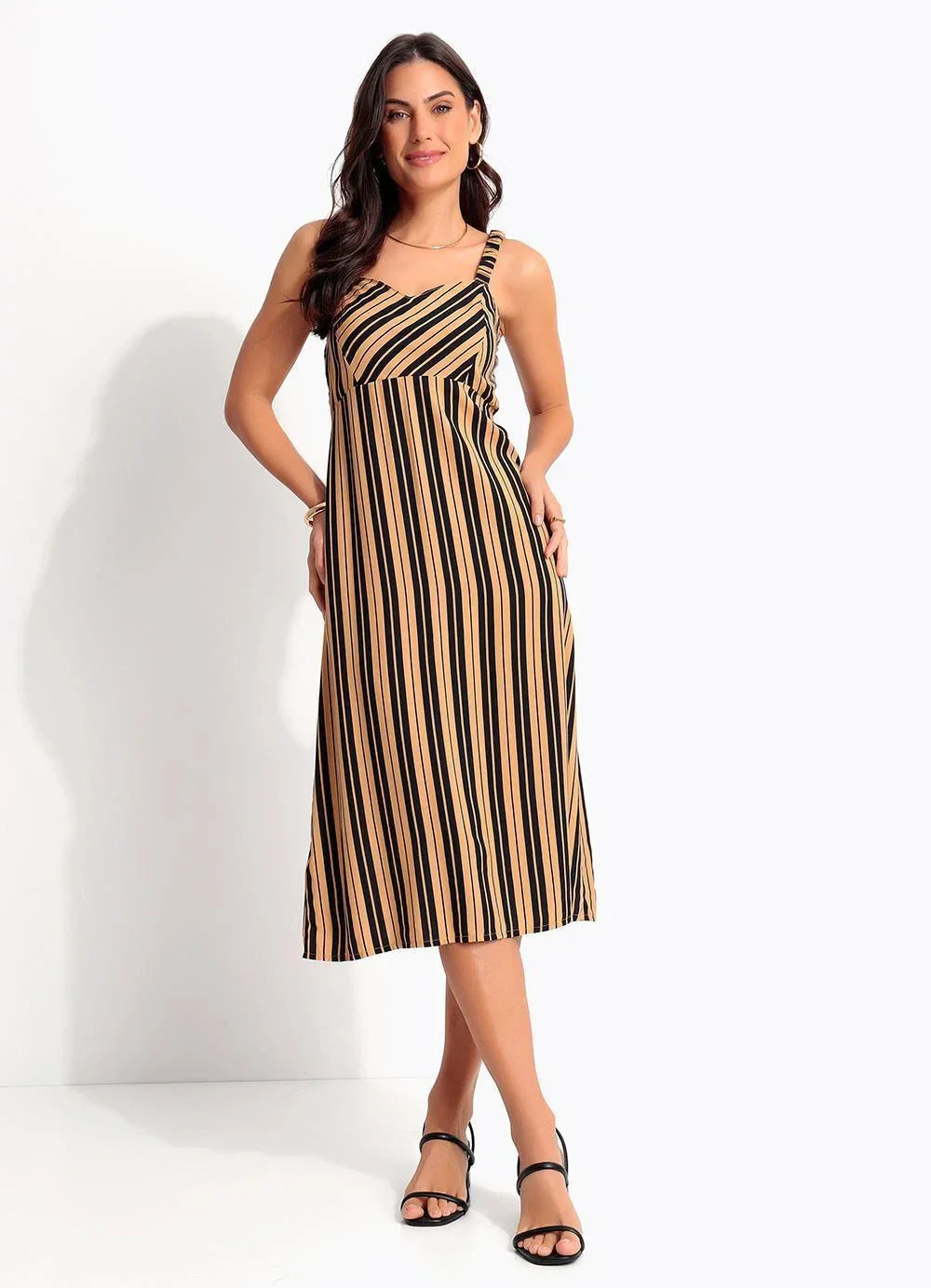 Quintess - Vestido Listrado Preto em Viscose