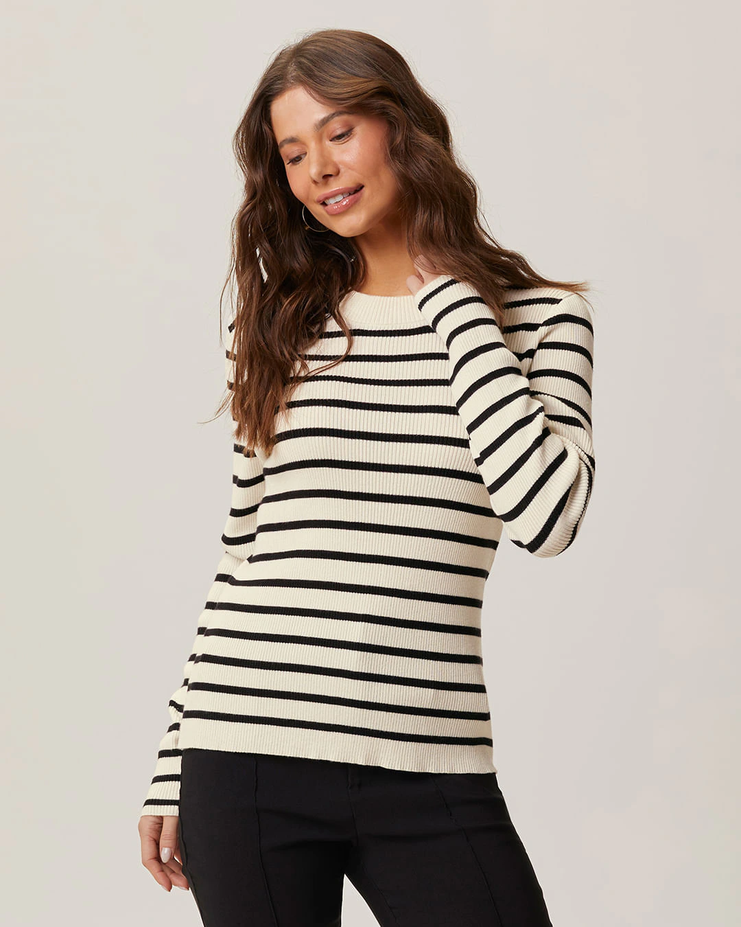 Blusa Justa Feminina Listrada Manga Longa Em Tricô
