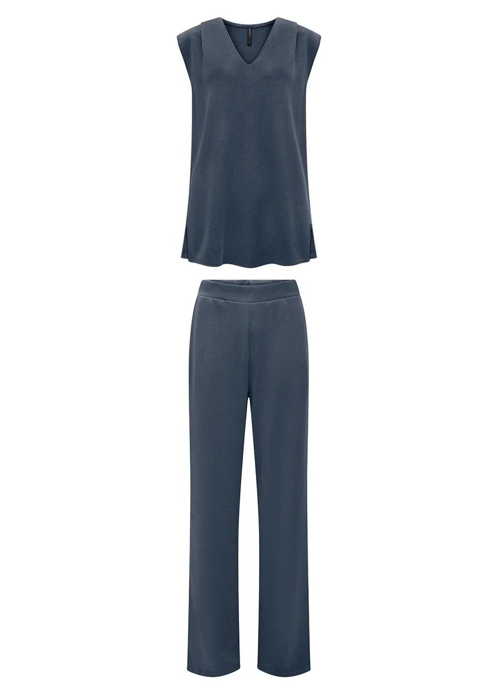 Lunender - Conjunto com Calça e Blusa Alongada Tricô Azul