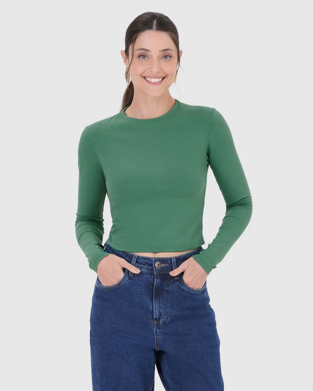 Blusa Cropped Feminina Decote Redondo Manga Longa Em Algodão