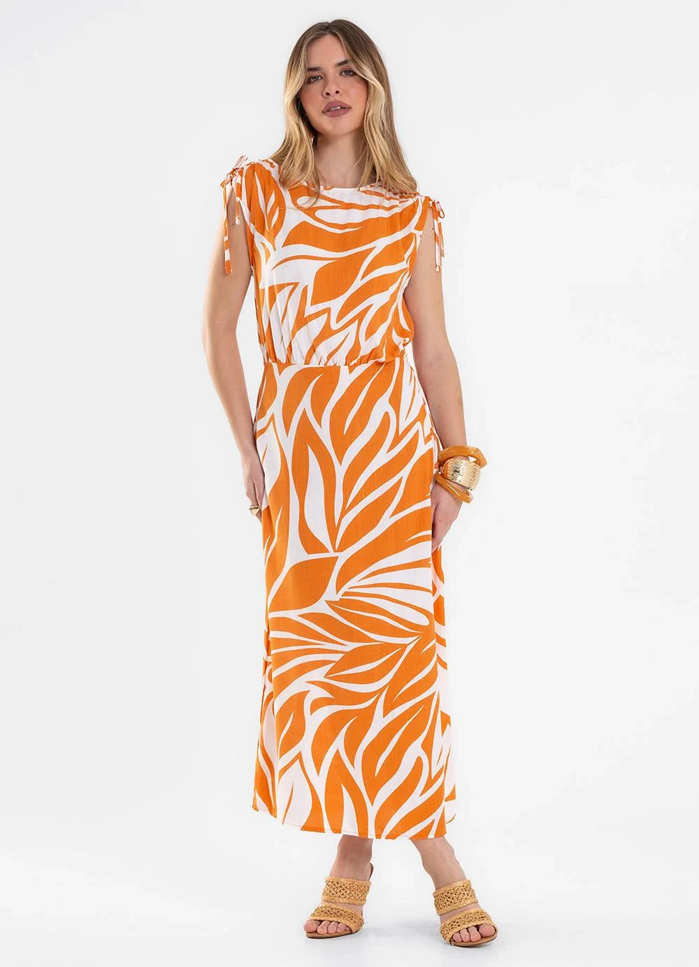 Rovitex - Vestido Midi Feminino Estampado Viscose Laranja