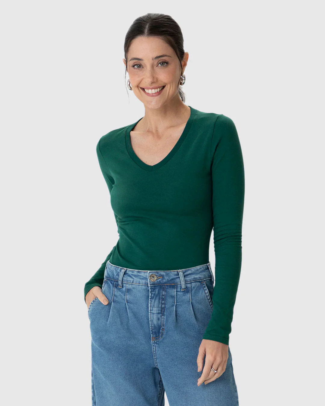 Blusa Básica Feminina Gola V Manga Longa Em Algodão