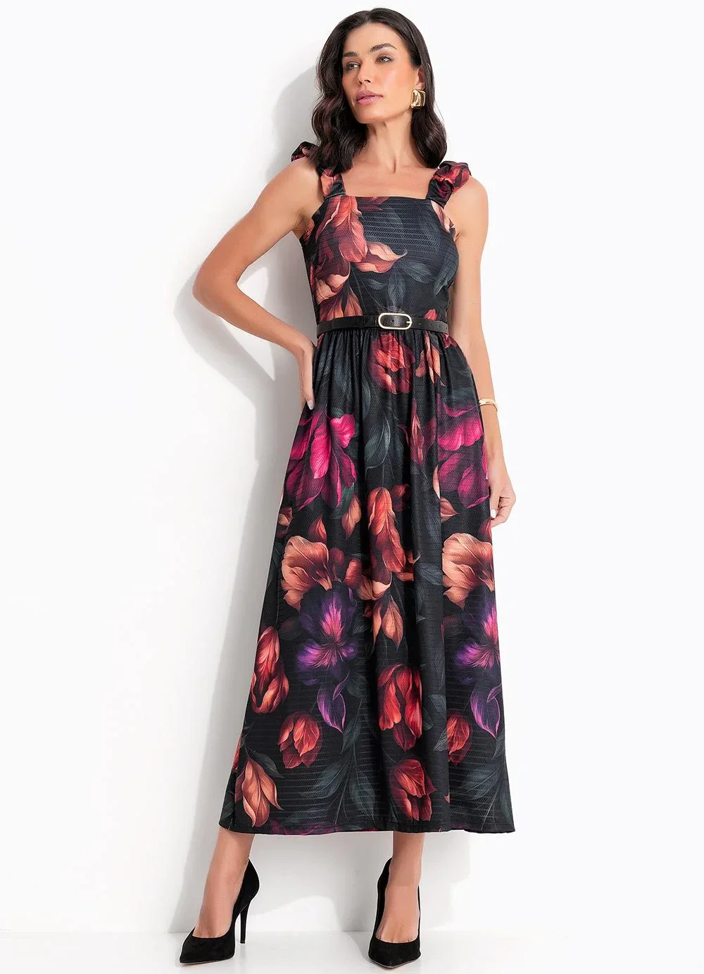 Quintess - Vestido Floral Dark em Malha Fria Texturizada
