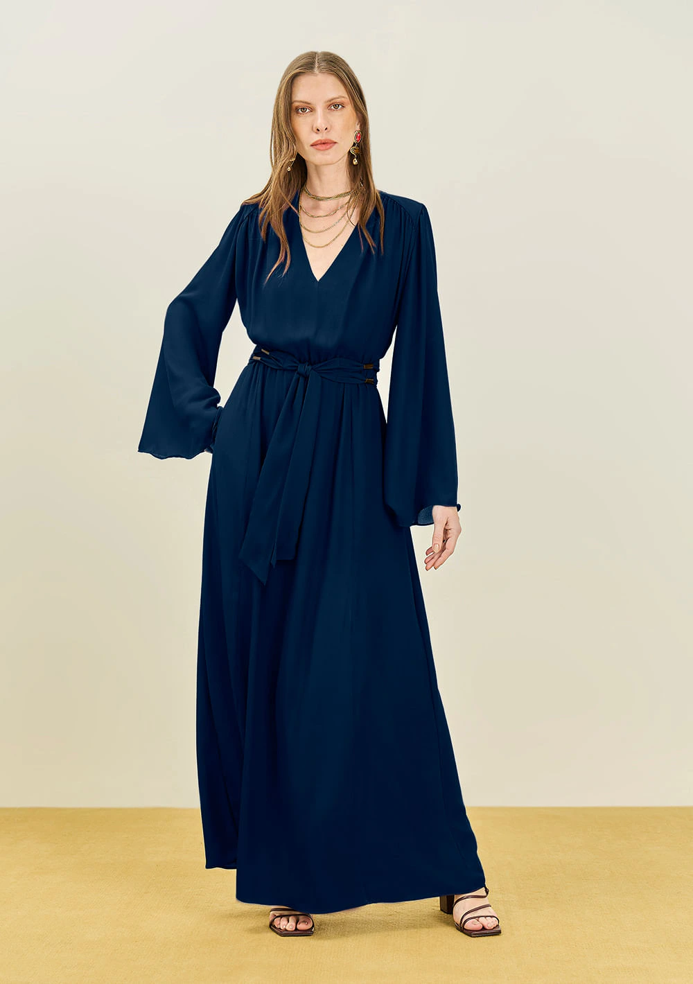 Vestido Maria.Valentina Solto Decote V Manga Longa Longo Azul Escuro