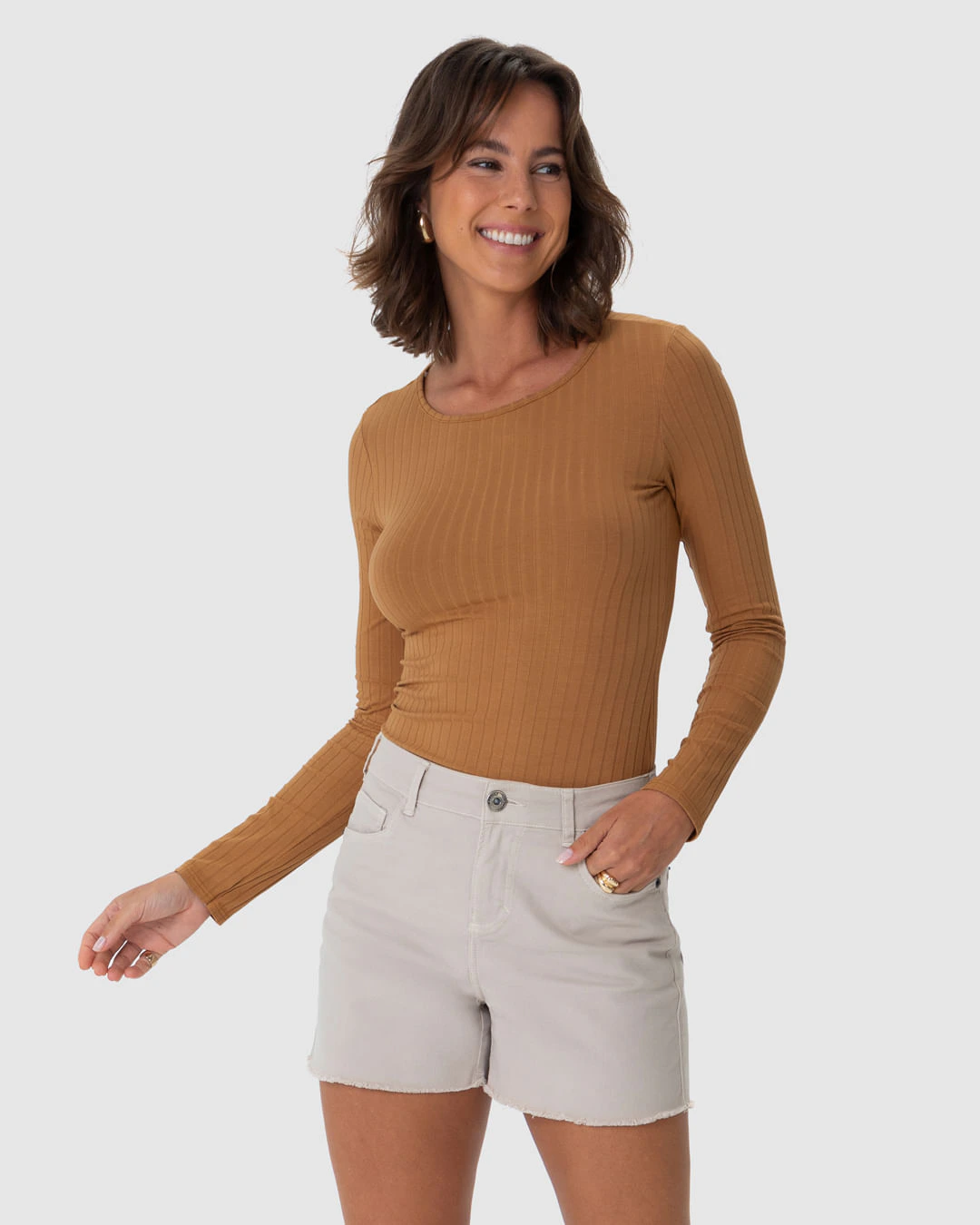 Blusa Básica Feminina Manga Longa Em Malha Canelada De Viscose