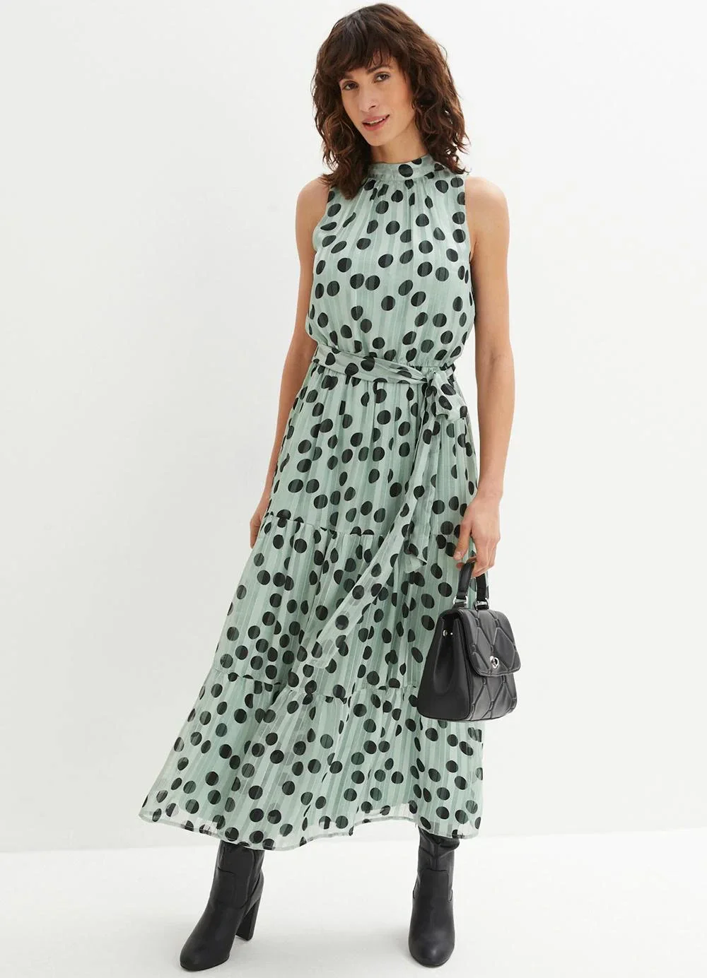 bonprix - Vestido Poá Verde em Crepe Plano