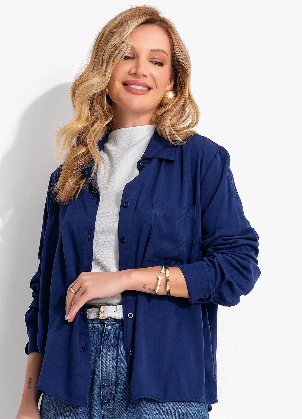 Quintess - Camisa Azul Marinho em Viscose Plana Sarjada