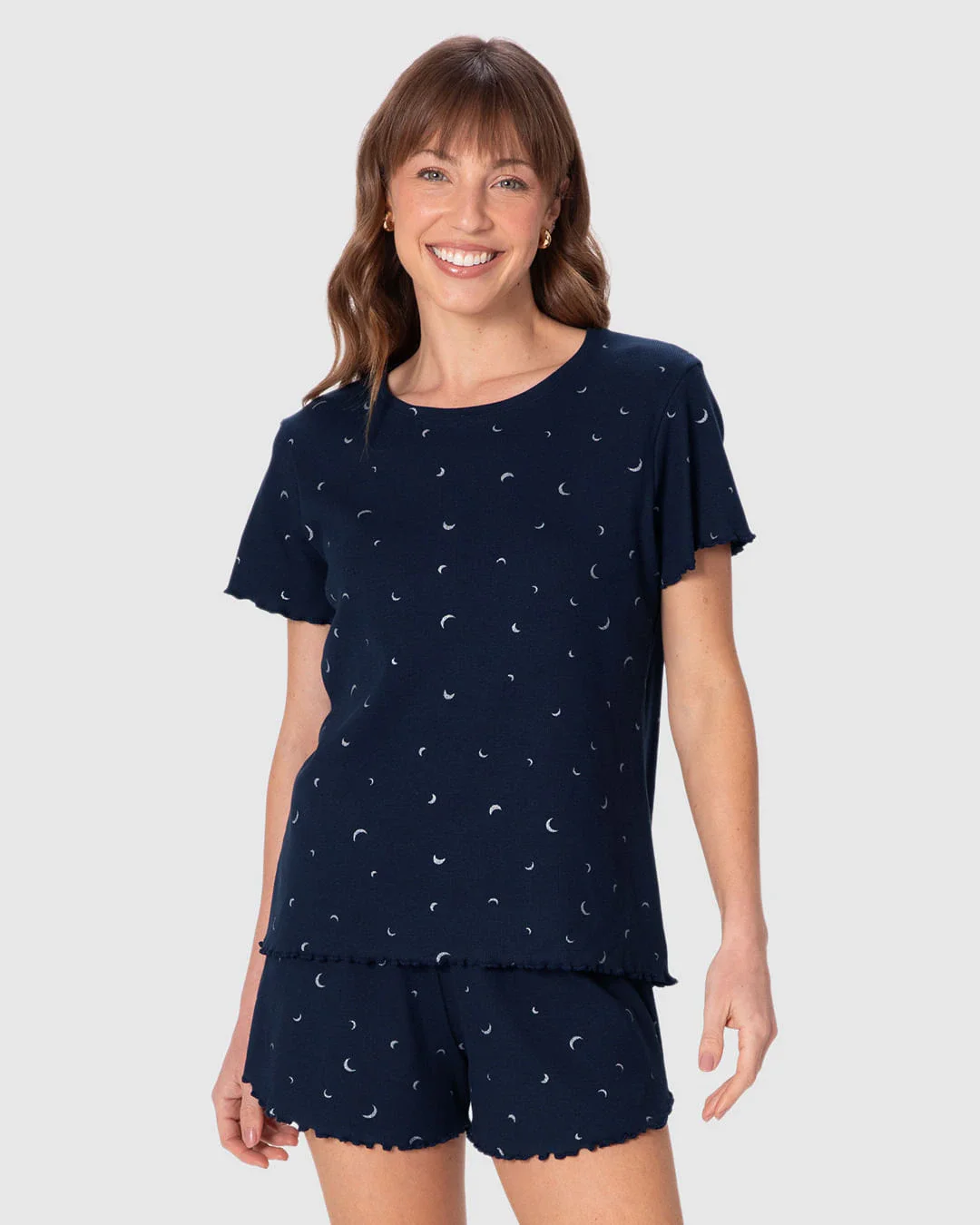 Pijama Curto Feminino Blusa E Shorts Runner Estampa Com Glitter Em Ribana