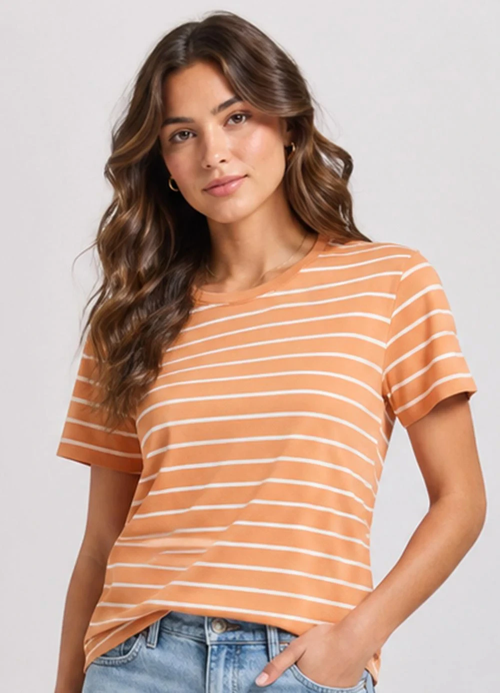 Infinita Cor - Blusa Feminina Básica Cotton Listrado Marrom